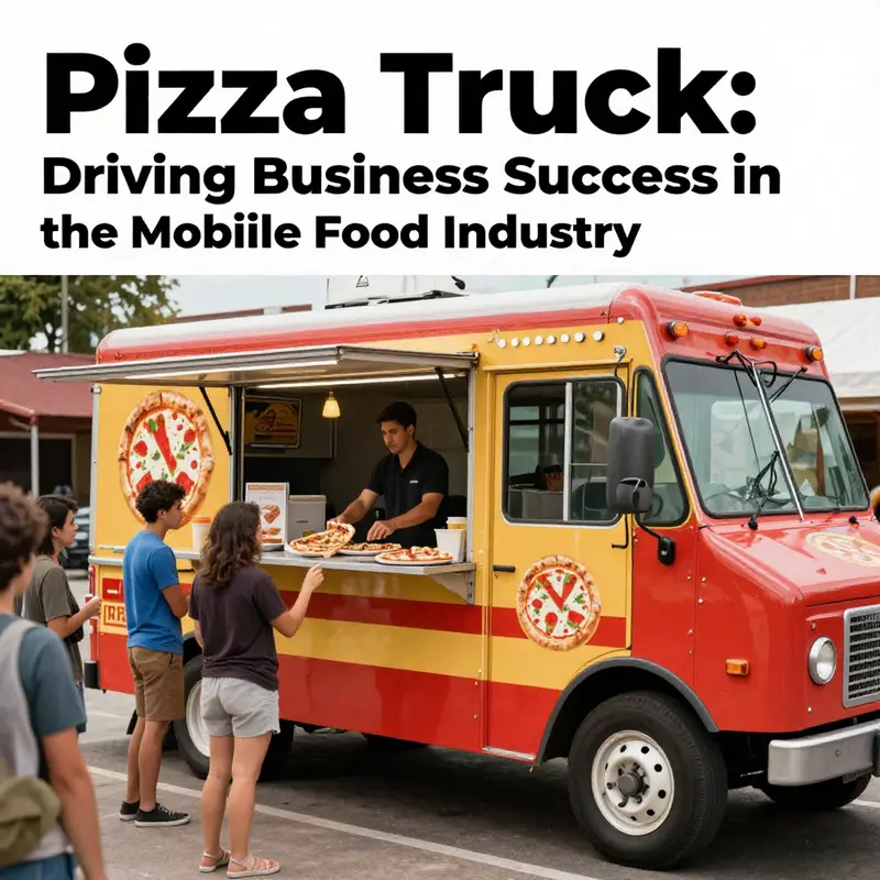 A lively pizza truck serving customers with freshly made pizzas in an outdoor environment.
