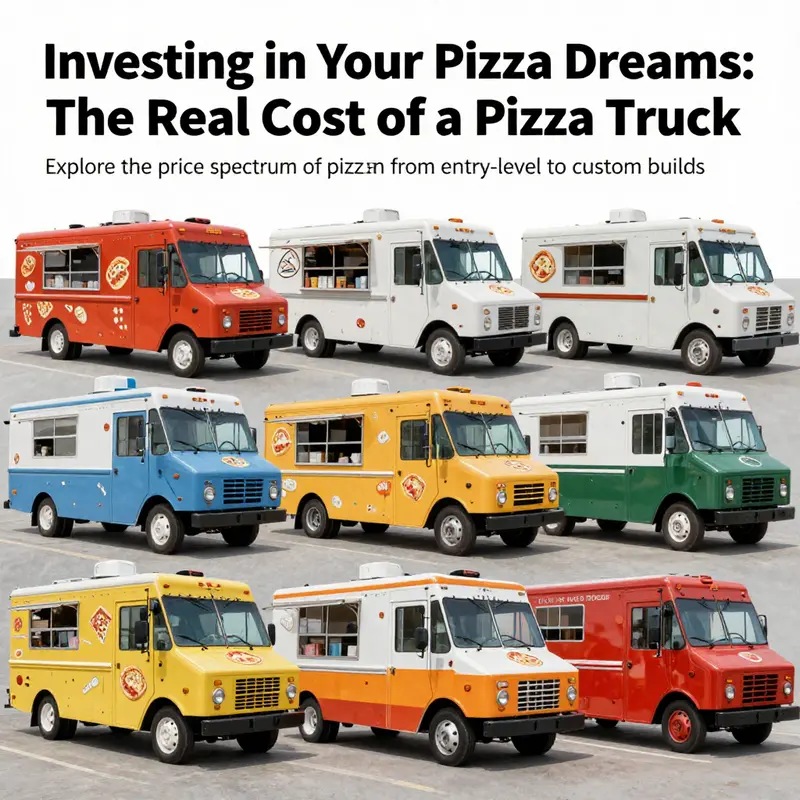 An assortment of pizza trucks, highlighting the variety in styles and features available for aspiring pizza business owners.