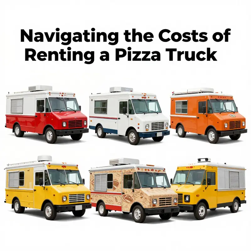 A lively market overview illustrating the presence of pizza trucks among various food vendors.