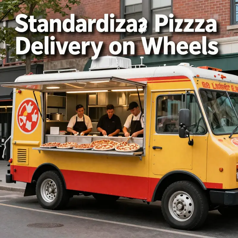 A bustling standard pizza food truck serving delicious pizzas to eager customers in a lively environment.