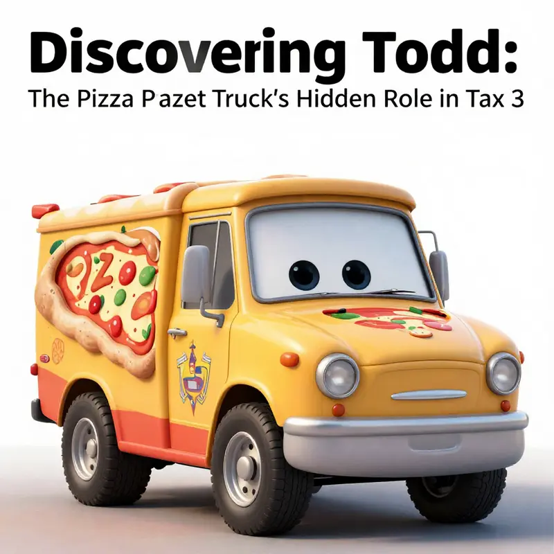 The Pizza Planet Truck, Todd, positioned amidst the racing action in Cars 3.