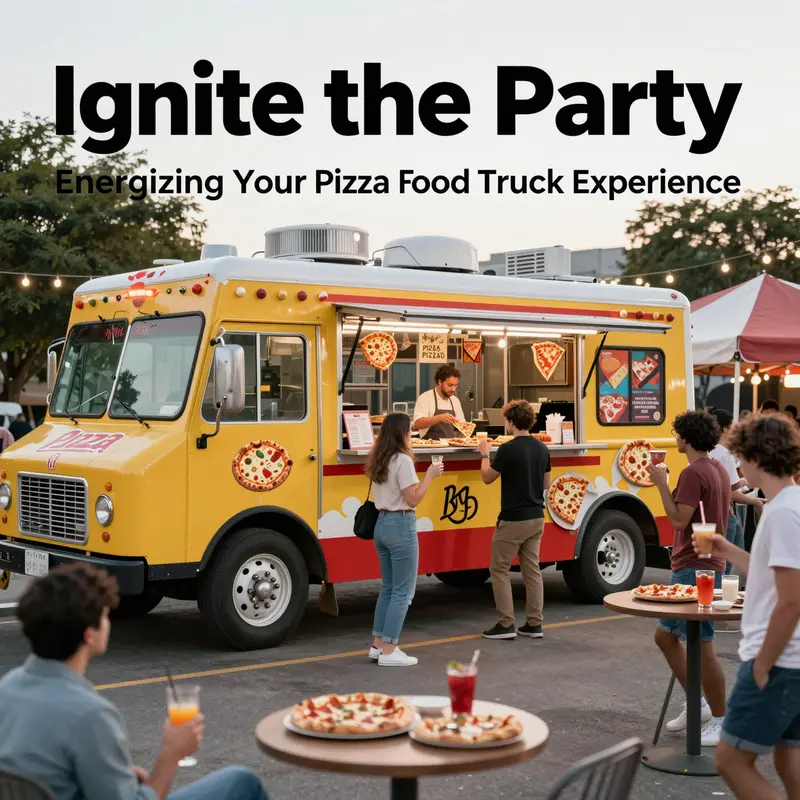 A busy pizza food truck with enthusiastic customers, showcasing a bright and cheerful environment.