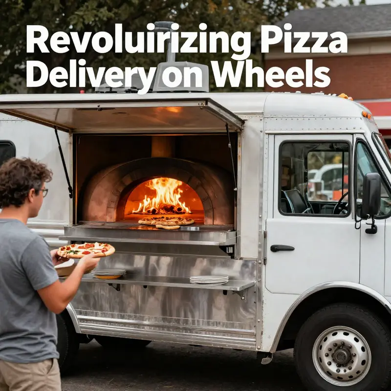 A bustling standard pizza food truck serving delicious pizzas to eager customers in a lively environment.