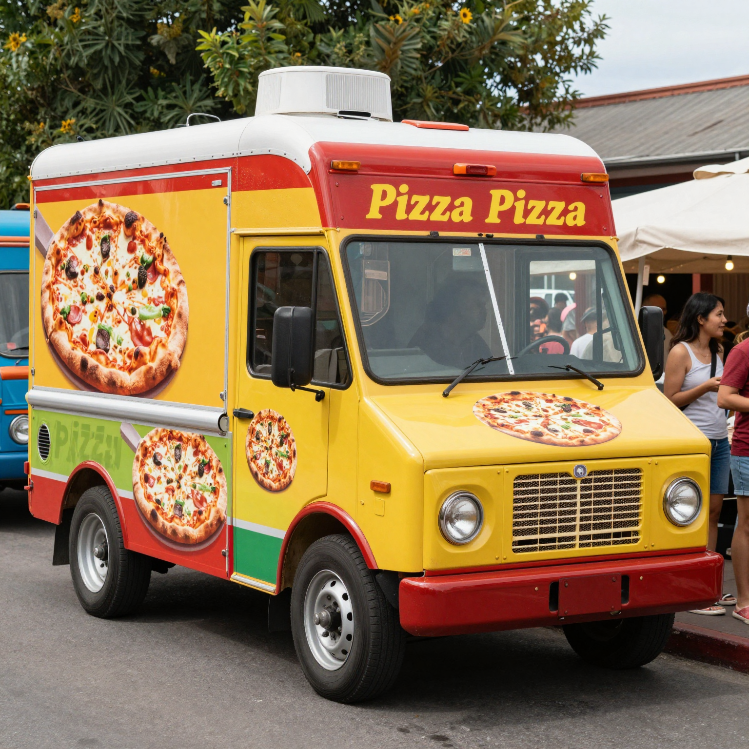 A vibrant and colorful pizza truck set in a bustling street food atmosphere.