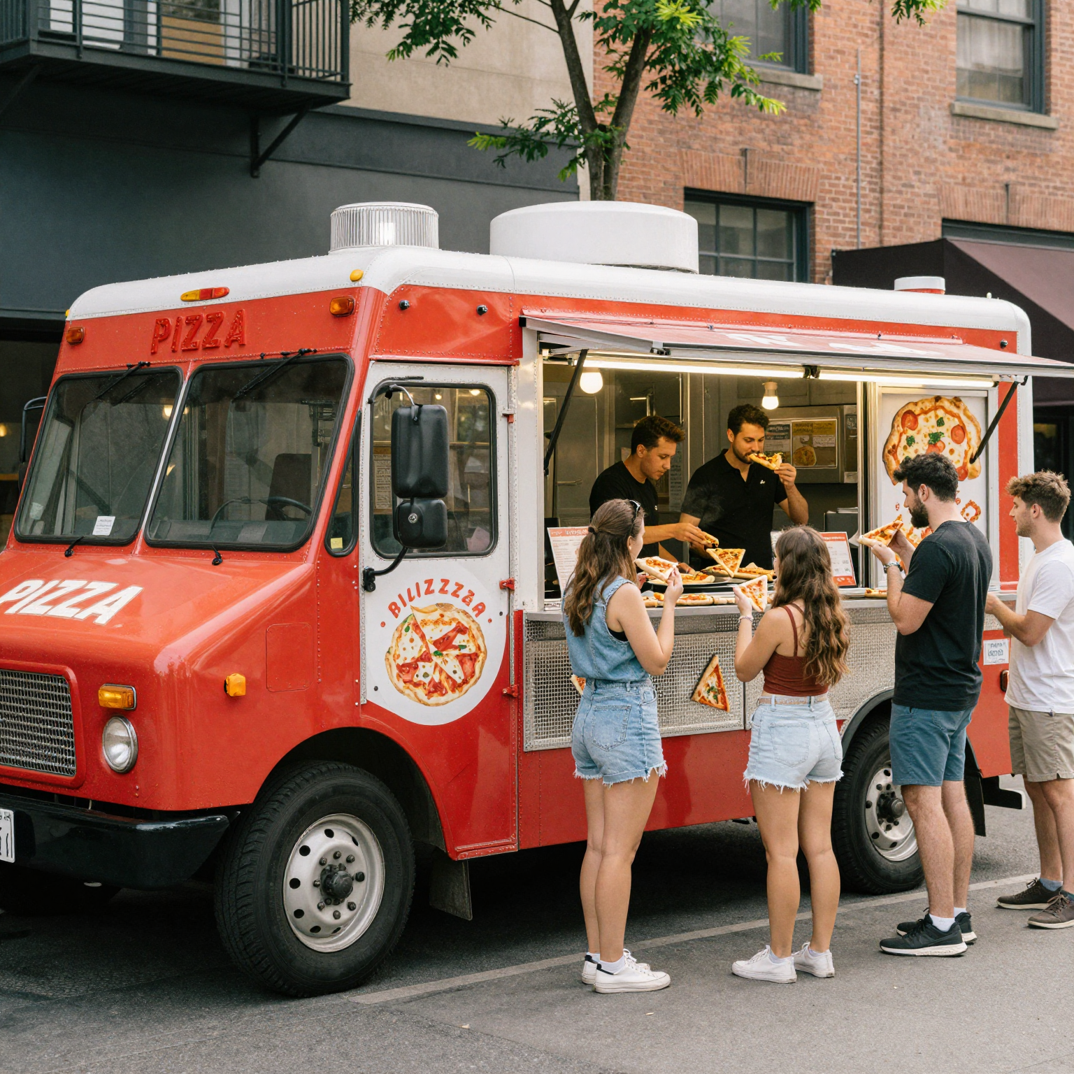 A vibrant pizza truck scene