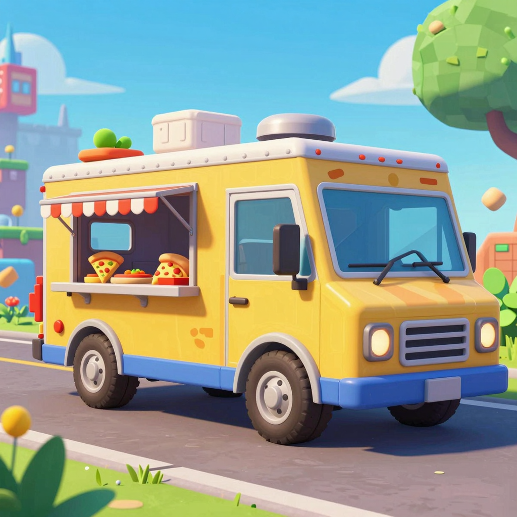 A vibrant Fortnite pizza truck