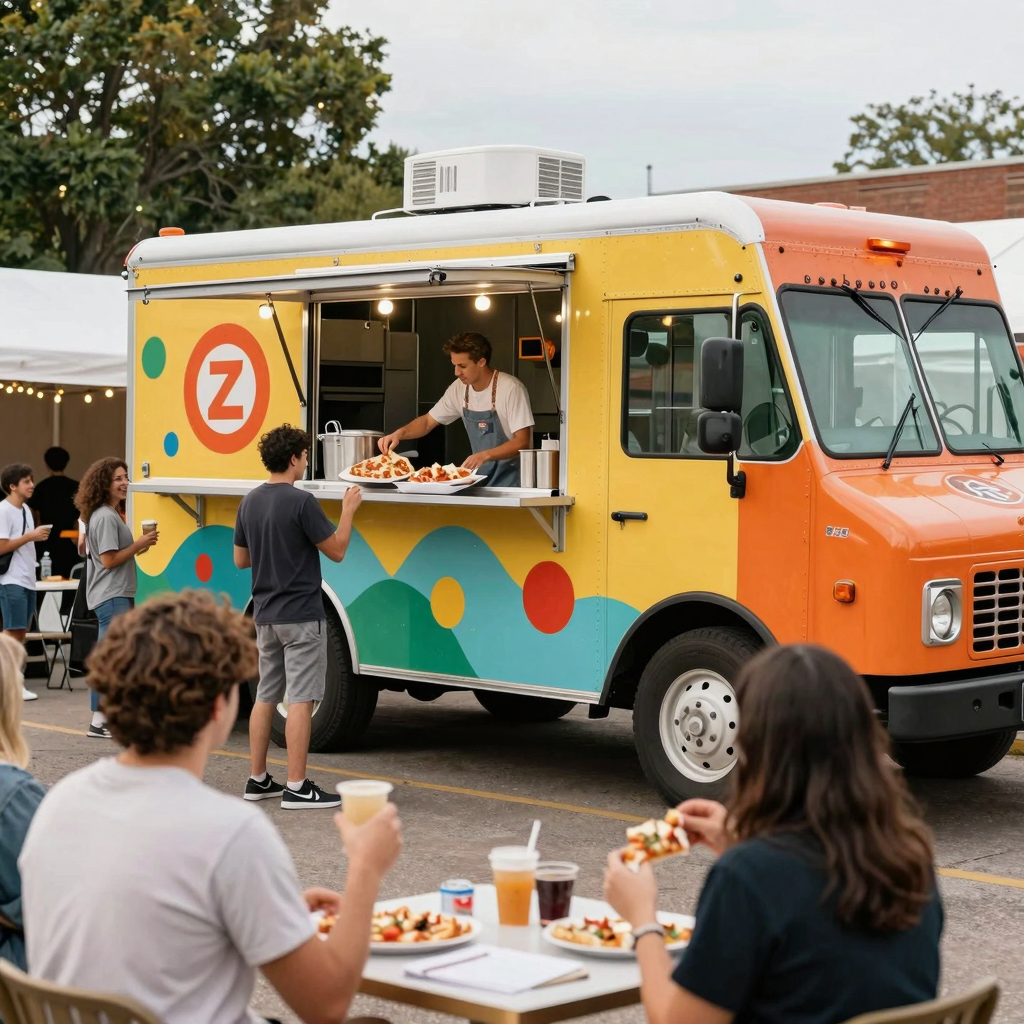 Pizza truck serving customers at a bustling venue