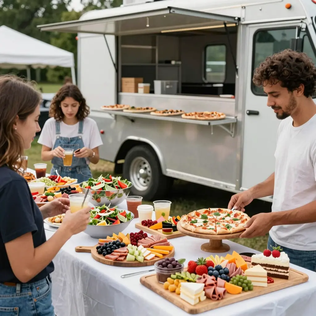Variety food offerings at a pizza truck party