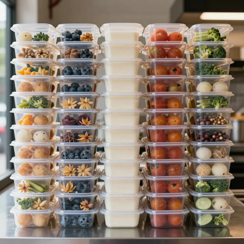 Display of 64 oz plastic food containers