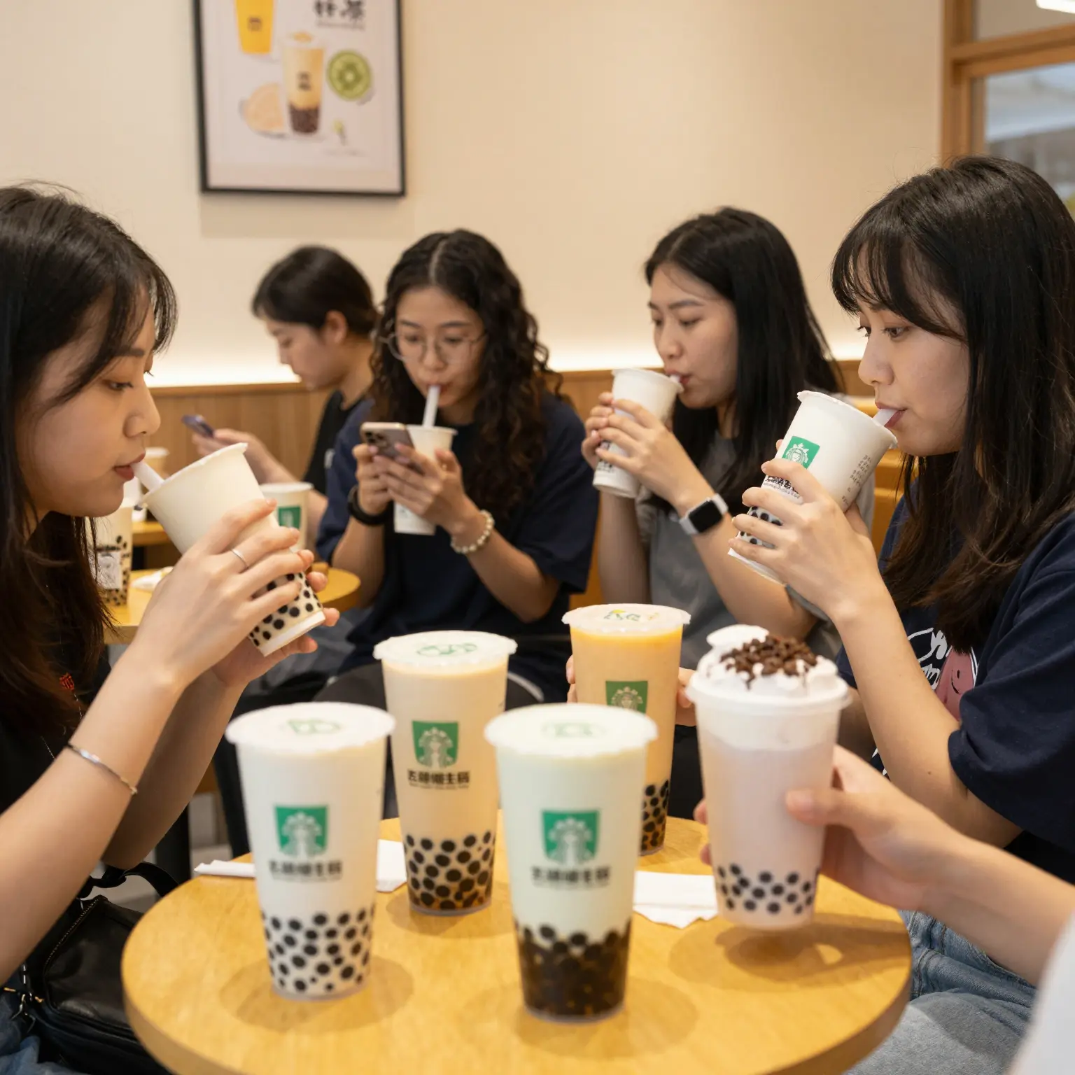 A vibrant bubble tea shop with customers enjoying beverages in disposable paper cups