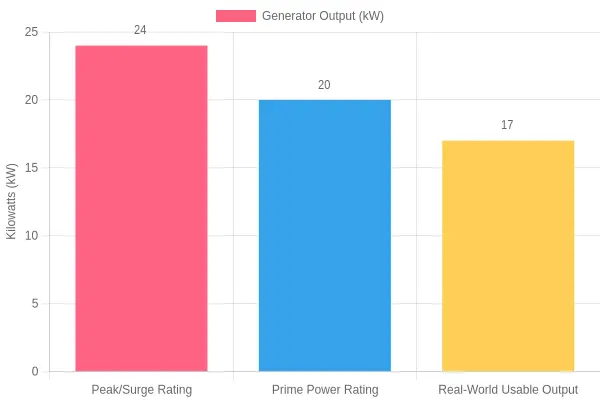 Bar chart comparing a pizza truck generator's peak surge rating of 24 kW, prime power rating of 20 kW, and real-world usable output of 17 kW