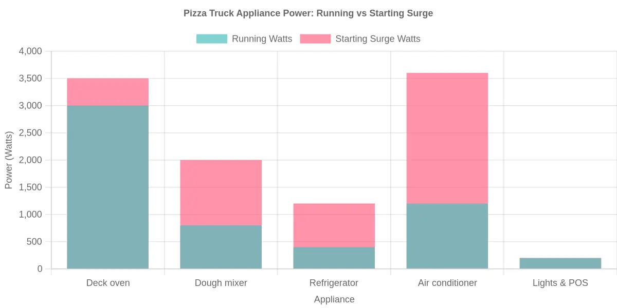 Grouped bar chart showing running watts versus starting surge watts for a deck oven, dough mixer, refrigerator, air conditioner, and lights on a pizza truck