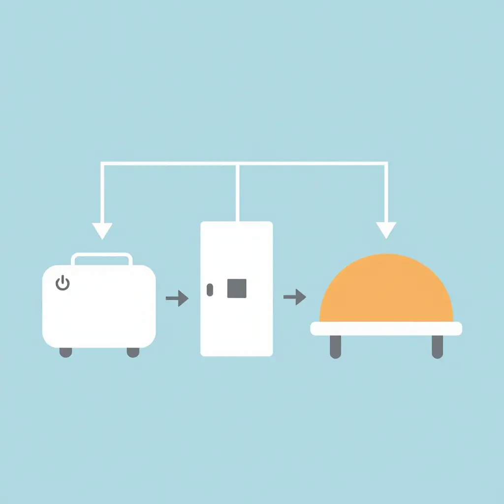 Minimalist schematic diagram showing electrical flow from a generator to a distribution panel with a breaker to a pizza oven