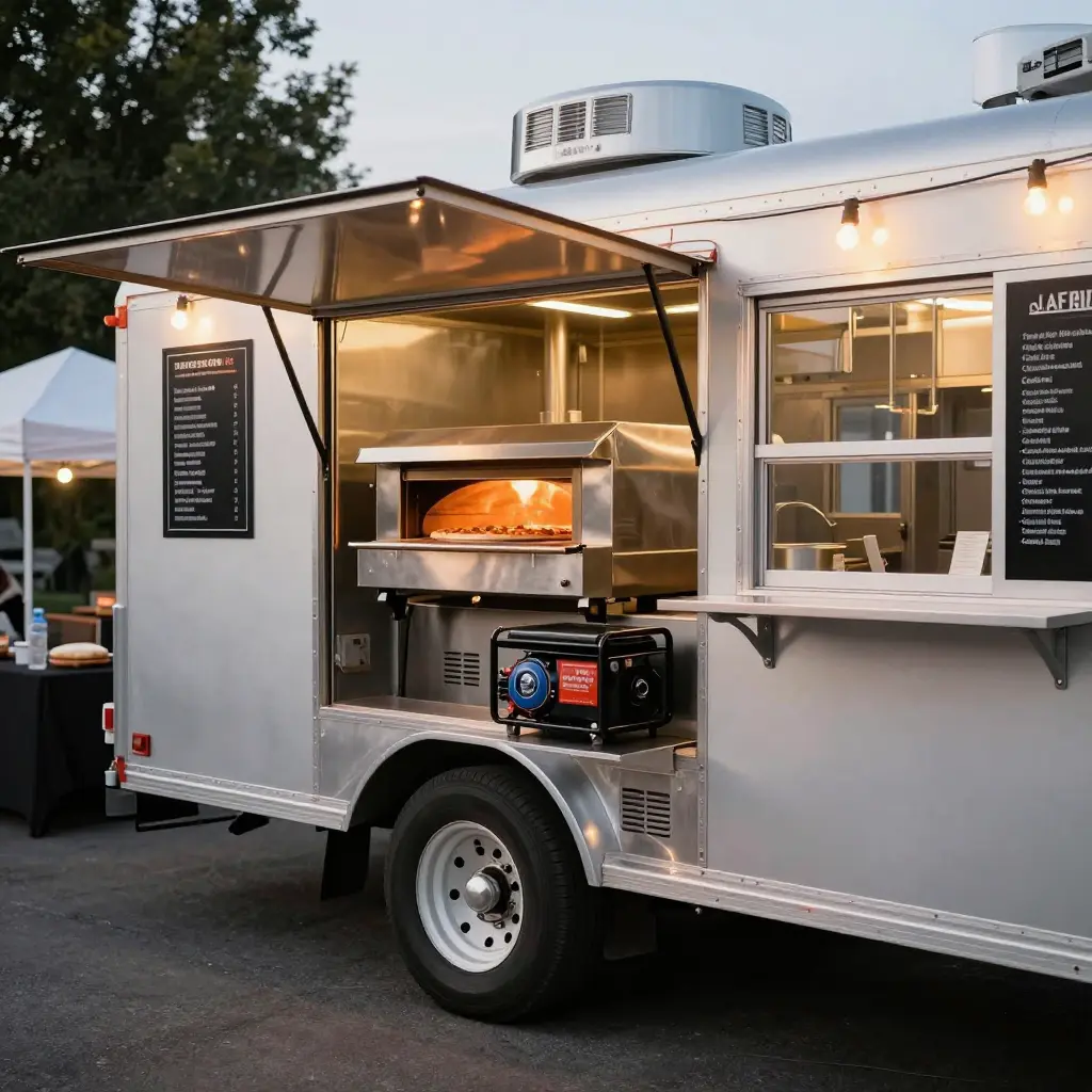 A commercial pizza truck with a stainless steel oven and a compact diesel generator mounted in a vented compartment